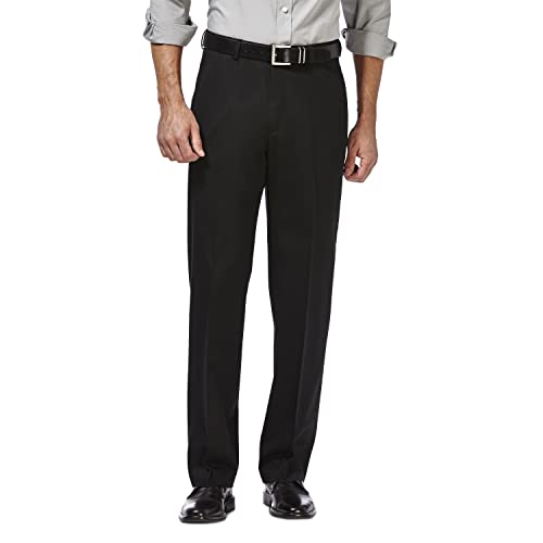Haggar mens Premium No Iron Khaki Classic Fit Expandable Waist Flat Front dress pants, Black, 36W x 32L US