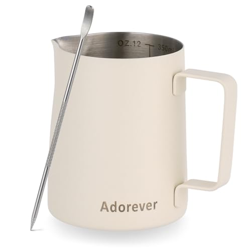 Milk Frothing Pitcher, 350ml/12oz Steaming Pitchers Stainless Steel Milk Coffee Cappuccino Latte Art Barista Steam Pitchers Milk Jug Cup with Decorating Art Pen, Matte White