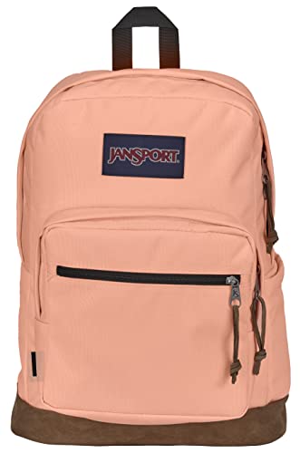 JanSport Right Pack Backpack - Class, Travel, Work, or Laptop Bookbag with Leather Bottom, Peach Neon