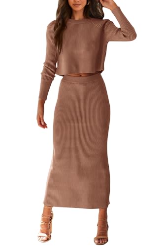 PRETTYGARDEN Women's Winter 2 Piece Sweater Set Rib Knit Long Sleeve Crop Top Maxi Bodycon Skirt Casual Outfits (Brown,Small)