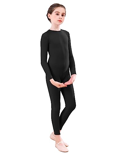 Aoylisey Girls' Full Body Long Sleeve Unitard One Piece Gymnastics Dance Bodysuits for Kids (Black, L/8-10)