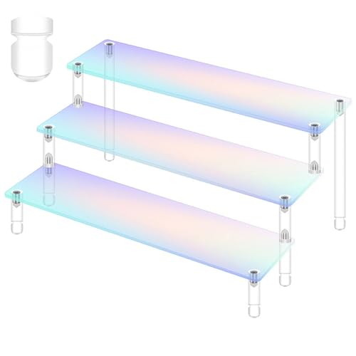 AJIODA Acrylic Display Riser Stand Shelf, Iridescent Colorful 3 Tier Cupcake Stand with Arc Leg Perfume Organizer Figures Desktop Decoration for Amiibo Pop Dessert Cosmetic Collection, Rainbow