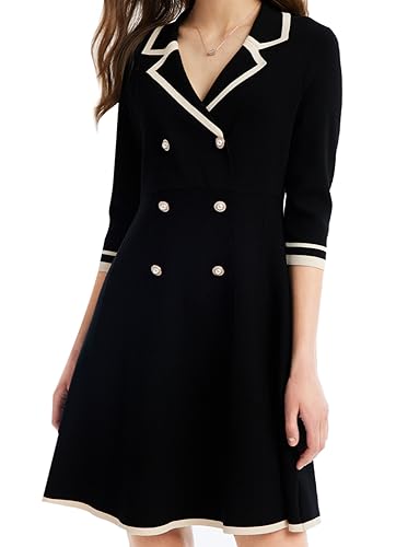 GOELIA Black Mini Sweater Dress for Women, Button up 3/4 Sleeve Knit Dresses for Teacher Work Business in Fall