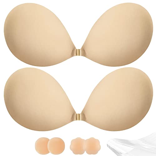 Adhesive Bra Push Up for Women 2 Pair, Sticky Invisible Lifting Bra, Backless Strapless Bras for Wedding Dress with Nipple Covers Reusable (Nude+Nude/A)
