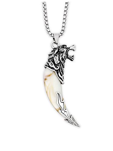 HAQUIL Silver Wolf Tooth Necklace Mens Wolf Animal Tooth Fang Pendant Necklace Retro Wolf Head Spear Chain Necklace for Men Ceremony Gift Jewelry