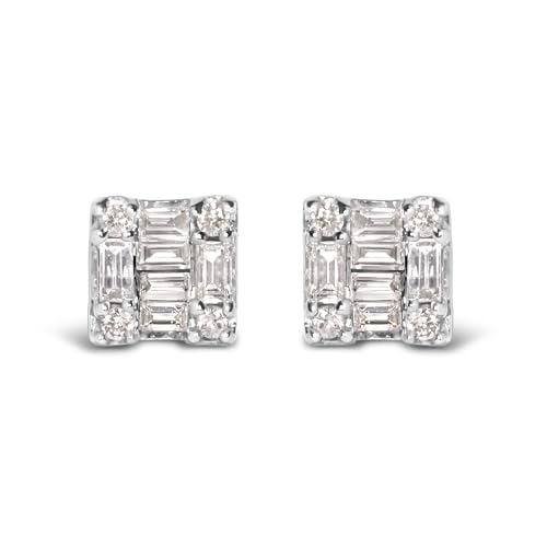 10K White Gold 1/7 Cttw Round and Baguette Diamond Mosaic Square Stud Earrings (H-I Color, I1-I2 Clarity)