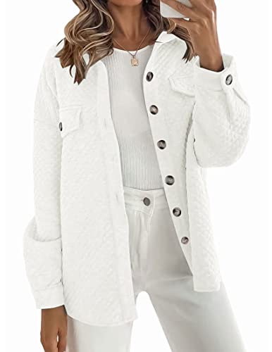 ZESICA Women's Casual Long Sleeve Button Down Loose Lightweight Shacket Shirt Jacket Coat Outerwear with Pockets,White,Large