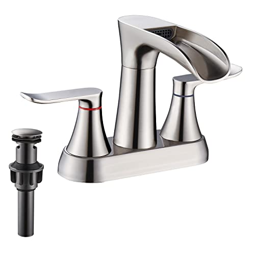 Brushed Nickel Bathroom Faucet,Yundoom 4 Inch Centerset Bathroom Faucet,Waterfall Bathroom Faucet,2 Handle Bathroom Faucet for Sink 3 Hole,360 Degree Swivel Spout Bathroom Faucet with Pop Up Drain