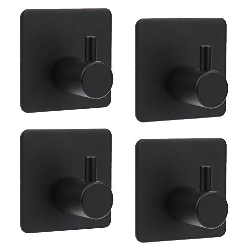 ShineMe Self Adhesive Hooks, Stick on Hooks 304 Stainless Steel Heavy Duty Wall Sticky Hooks for Hanging Coats Key Towel on Bathroom Kitchen Door Office (Black, 4 Pack)