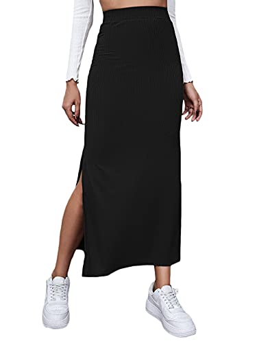 GORGLITTER Women's Split Ribbed Knit Bodycon Maxi Skirt High Waisted Side Slit Pencil Long Skirts Black Small