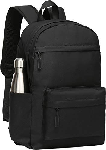 SAKUTANE Black Backpack 21Liter Waterproof School Bag 15.6 inch Laptop Mochila Plain No Logo Lots Pockets Teenagers Kids Men Women 33x14x44cm College Work Trip Gym Travel Roomy Daypack Lightweight