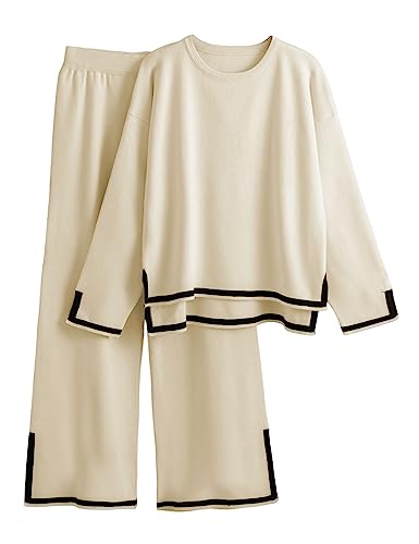 Tanming Women's 2 Piece Outfits Long Sleeve Knit Sweater Top Wide Leg Pants Lounge Sets Tracksuits (Apricot-M)