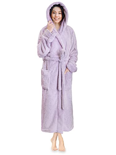 PAVILIA Women Hooded Plush Soft Robe | Fluffy Warm Fleece Sherpa Shaggy Bathrobe (S/M, Lavender Purple)