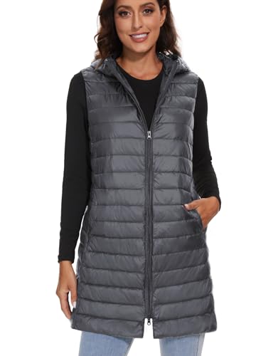 ELFJOY Long Puffer Vest Women Lightweight Down Vest with Hood Winter Warm Womens Vests Outerwear Sleeveless Puffer Jacket