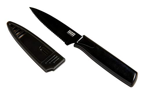 Kuhn Rikon COLORI Non-Stick Serrated Paring Knife with Safety Sheath, 4 inch/10.16 cm Blade, Black