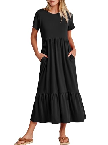 ANRABESS Women Summer Casual Short Sleeve Crewneck Aline Swing Flowy Tiered Shirt Maxi Beach Long Dress 2024 Trendy Outfits Black Large