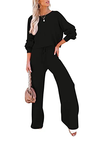 Pink Queen Women's 2 Piece Knit Outfit Crop Pullover Sweater Top and Wide Leg Long Pants Sweatsuit Pajama Set Black S