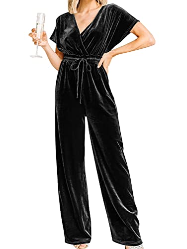 YMDUCH Women's Casual Short Sleeve Belted Long Wide Leg Pant One Piece Jumpsuit Black