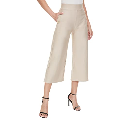 Ginasy Wide Leg Pants for Women Business Casual Dress Pants Stretch High Waist Crop Capris Culottes Beige