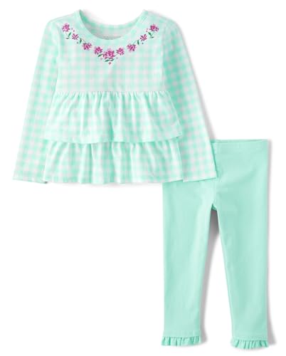 The Children's Place Baby Girl's and Toddler 2 Piece Outfit, Long Sleeve Top and Pant Active Playwear, Aqua Gingham Set, 3T