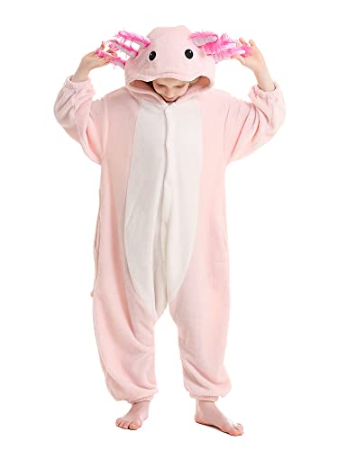 ATOZ Onesie for Kids, Animal Pajamas Halloween Cosplay Costume for Girls Boys, Pink Axolotl 8-9Y