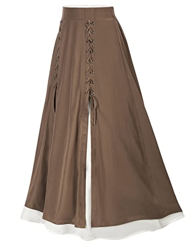 Womens Elastic High Waist Overskirt Lace-up Renaissance Maxi Long Skirts Brown M