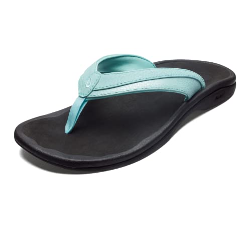 OLUKAI Ohana Women's Beach Sandals, Quick-Dry Flip-Flop Slides, Water Resistant, Wet Grip Soles & Compression Molded Footbed, Sea Glass/Black, 7