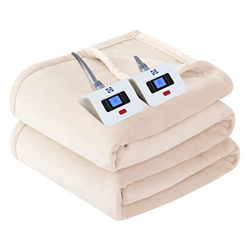SEALY Electric Blanket King Size, Flannel Heated Blanket with 10 Heating Levels & 1-12 Hours Auto Shut Off, Fast Heating Warm Blanket, Machine Washable, Beige, 100 x 90 Inch