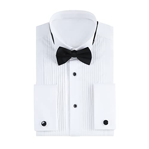 Gollnwe Men's Tuxedo Shirt Wing Collar French Cuffs with Cufflinks and Bow Tie White S
