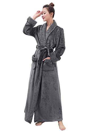 Hellomamma Long Bath Robe for Womens Plush Soft Fleece Bathrobes Nightgown Ladies Pajamas Sleepwear Housecoat Grey
