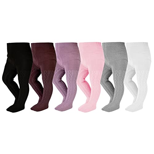 EPEIUS Infant Girl Tights Baby Girl Seamless Cable Knit Leggings Solid Cotton Stockings Footed Pants for 6-12 Months,6 Pair Pack,Black/White/Grey/Purple/Brown/Pink