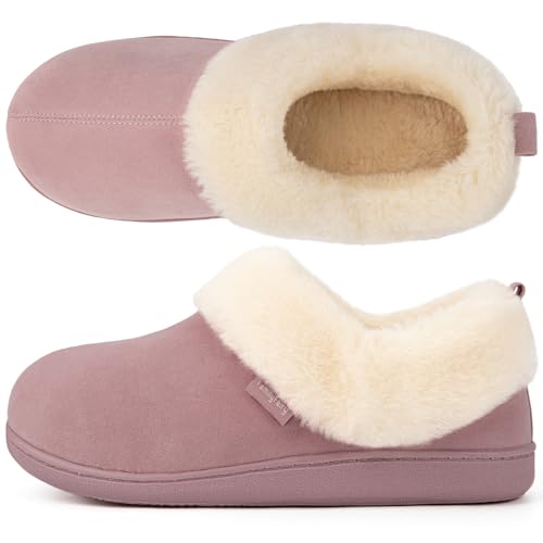 FamilyFairy Women Memory Foam Bootie Slippers, Warm Cozy Micro Suede Slipper Boots with Fuzzy Plush Lining and Collar, Winter Non Slip House Shoes for Indoor Outdoor Pink, 9-10