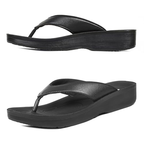 AEROTHOTIC Womens Slip On Lightweight Plantar Fasciitis Orthotic Flip Flops Comfortable Walking Outdoor Beach Ladies Arch Support Summer Thong Sandals (Pearly Black, Size 9)