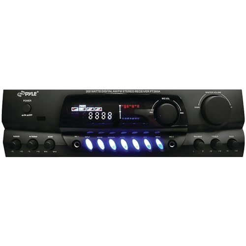 Pyle 200W Home Audio Power Amplifier - Stereo Receiver w/ AM FM Tuner, 2 Microphone Input w/ Echo for Karaoke, Great Addition to Your Home Entertainment Speaker System, 17 inches - PT260A, Black