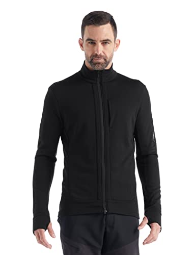 Icebreaker Merino Quantum III Men’s Full Zip Up Sweater, 100% Merino Wool, Comfy, Slim-Fit Zip Up Jacket for Men with Zippered Pockets, Thumb Loops - Premium Outdoor Sweat Shirt, Black, Medium