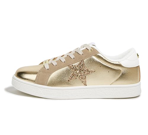 LUCKY STEP Women's Fashion Star Sneaker Lace Up Low Top Comfortable Cushioned Walking Shoes(Gold PU,7 B(M) US)