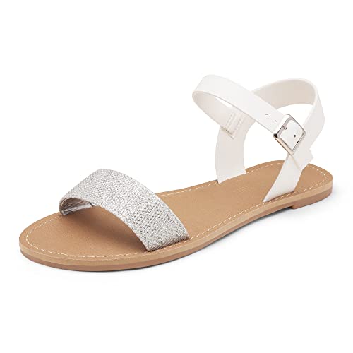 DREAM PAIRS Womens Hoboo-New Cute Open Toes One Band Ankle Strap Flexible Summer Flat Sandal Silver/White/Glitter-new - 8