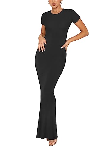 REORIA Women's Summer Sexy Casual Lounge Long Dress Elegant Wedding Guest Short Sleeve Crew Neck Bodycon Maxi Dresses Black Small