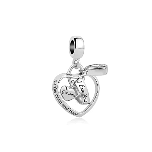 KunBead Grandma Heart Silver Birthday Gift Grandmother Granddaughter Nana Bead Charms for Bracelets