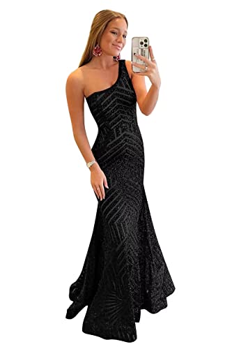 One Shoulder Black Prom Dress Sequin Mermaid Long Formal Dresses for Women Teens Sparkly Ball Gown Ruched Size 4