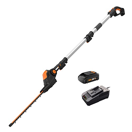 Worx WG252 20 V 20' Cordless Hedge Trimmer, Reach Up to 12 feet, Extended Pole, 180° Rotation Head, PowerShare – Battery & Charger Included