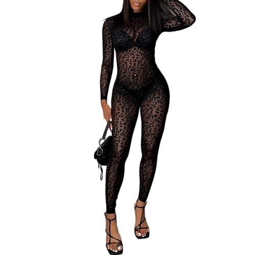 hibshaby Mesh Jumpsuits For Women,Sexy See Through Sheer Leopard Jumpsuit Streetwear One Piece Outfits XLarge