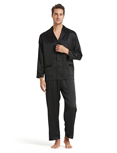 LilySilk Black Silk Pajamas for Men Button up 100 Soft Mulberry Silk Sleepwear Lightweight Male Pjs Medium