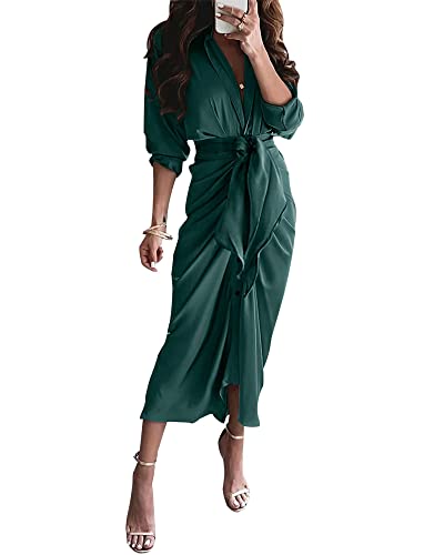 BTFBM Women 2023 Long Sleeve Lapel V Neck Button Down Satin Dress Belted Elegant Ruched Summer Fall Maxi Shirt Dresses(Solid Dark Green, X-Large)