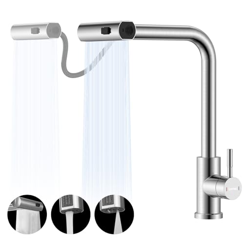 DAYONE Waterfall Kitchen Faucet with 3 Modes Sprayer, Brushed Nickel Kitchen Faucets with Pull Down, Stainless Steel Single Hole Kitchen Sink Faucet, Single Handle & 360° Swivel, DAY-2543