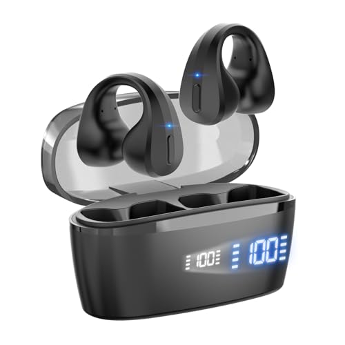SilisoundTek Wireless Earbuds Bluetooth 5.3,Open Ear Clip Headphones with Built-in Mic,30H Playtime, Charging Case LED Display Fitness Earbuds for Sports/Workout/Gym/Running(Black).