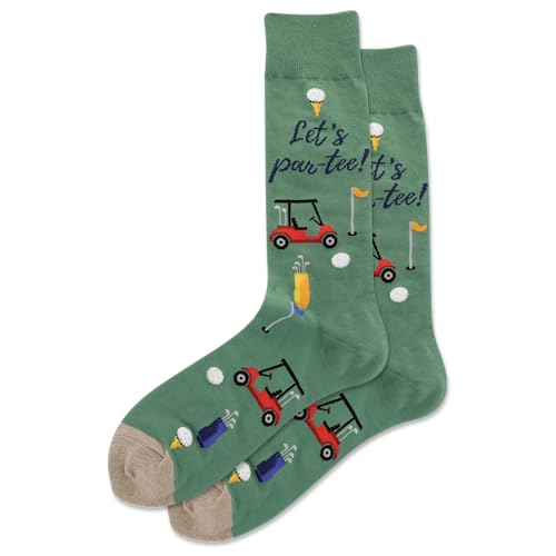 Hot Sox Men's Fun Golf Crew Socks-1 Pair Pack-Cool & Funny Novelty Fashion Gifts, Let's Par-Tee (Olive), 6-12