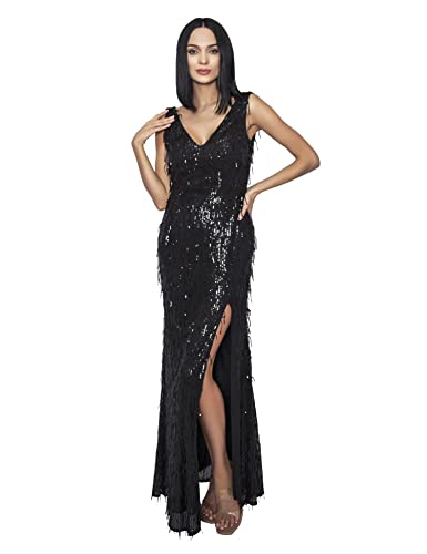ZRSGXG Sequin Tassel V-Neck Open Back Sleeveless Split Party Mermaid Evening Dress(Champagne, Medium)