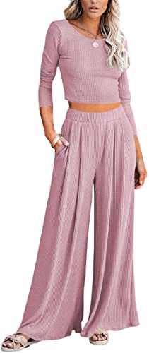 Lveberw Lounge Set Womens, Outfits Sets, Ribbed Crop Top Long Sleeve, Palazzo Pants - Loose Sweatsuit Knit,2 Piece Pajamas(Lotus Pink, Medium)