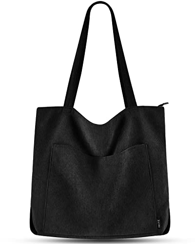 Prite Corduroy Tote Bag for Women Large Shoulder Bag with Zipper and Pockets for College Work Travel Shopping